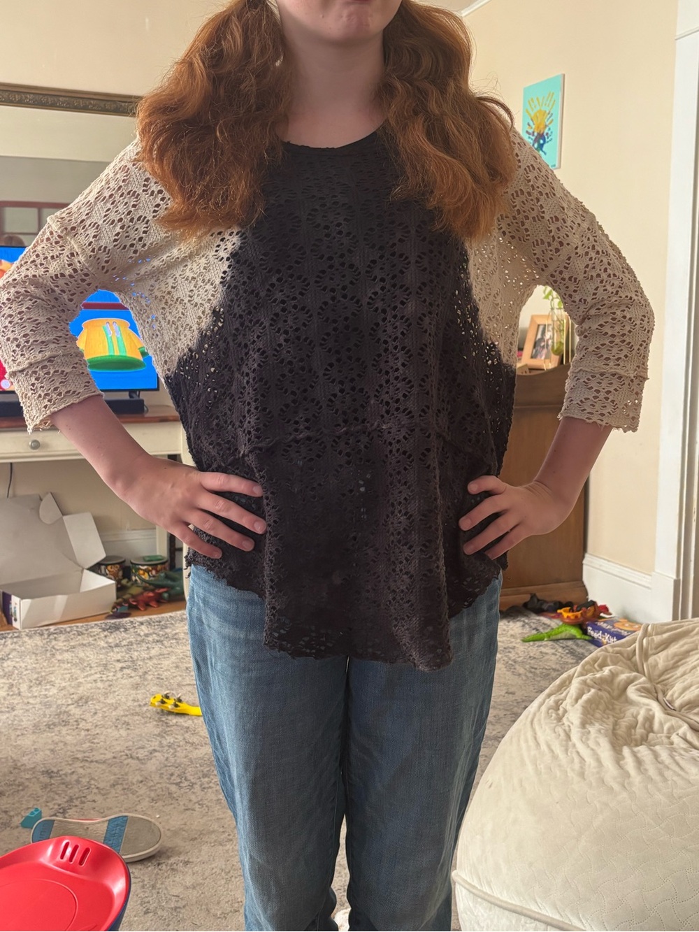 We The Free Two-Tone Crochet Lace Top in Black and Cream - small